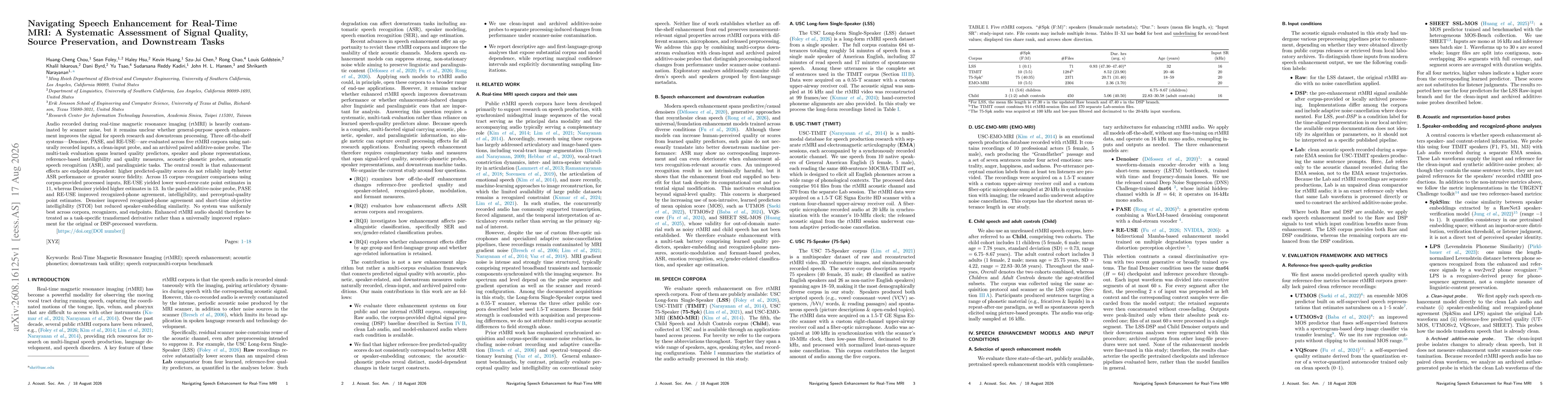 Thumbnail for Navigating Speech Enhancement for Real-Time MRI: A Systematic Assessment of Signal Quality, Source Preservation, and Downstream Tasks