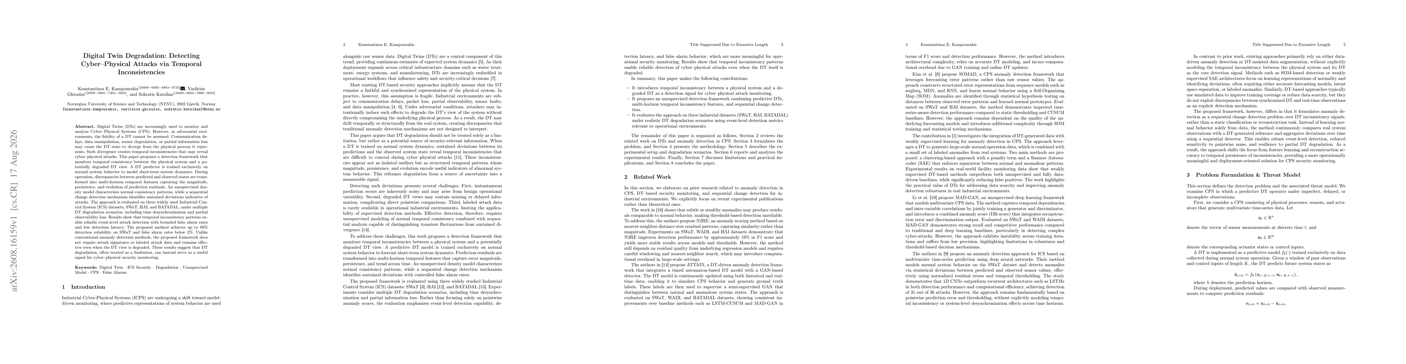 Thumbnail for Digital Twin Degradation: Detecting Cyber Physical Attacks via Temporal Inconsistencies