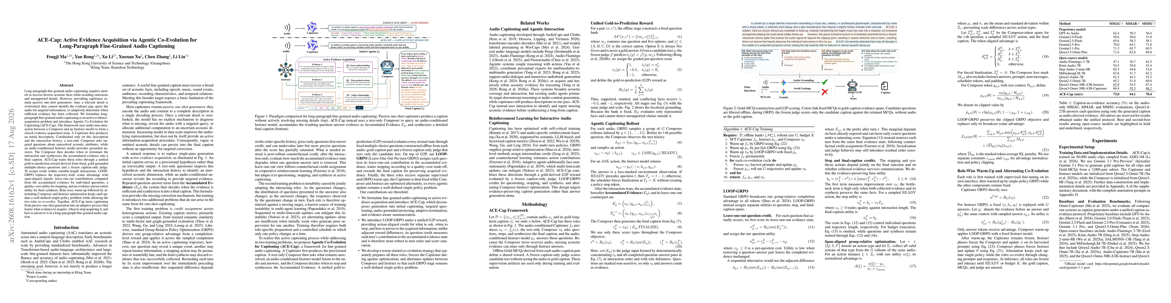 Thumbnail for ACE-Cap: Active Evidence Acquisition via Agentic Co-Evolution for Long-Paragraph Fine-Grained Audio Captioning