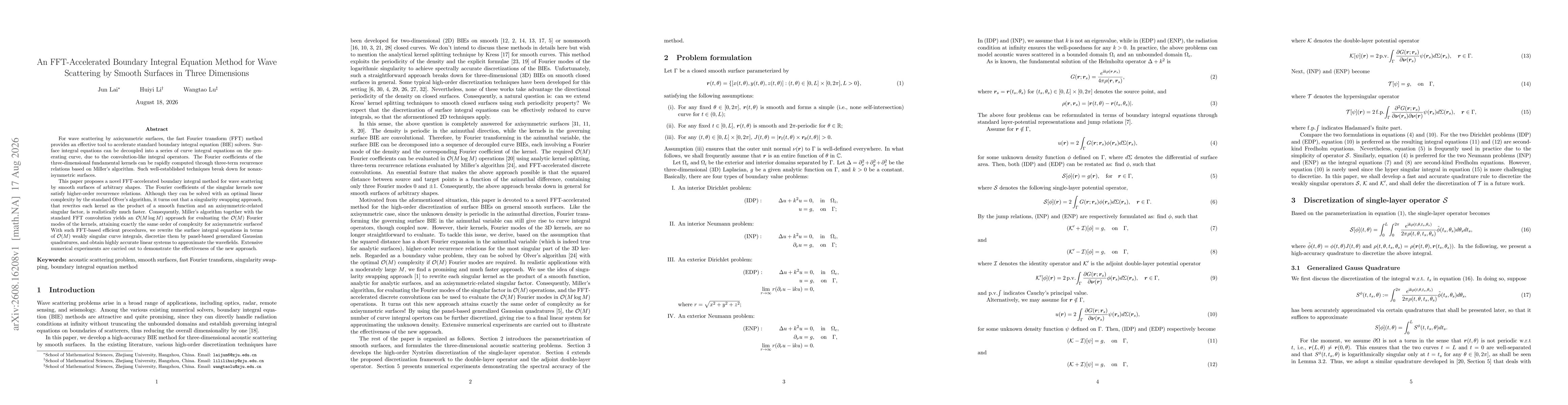 Thumbnail for An FFT-Accelerated Boundary Integral Equation Method for Wave Scattering by Smooth Surfaces in Three Dimensions