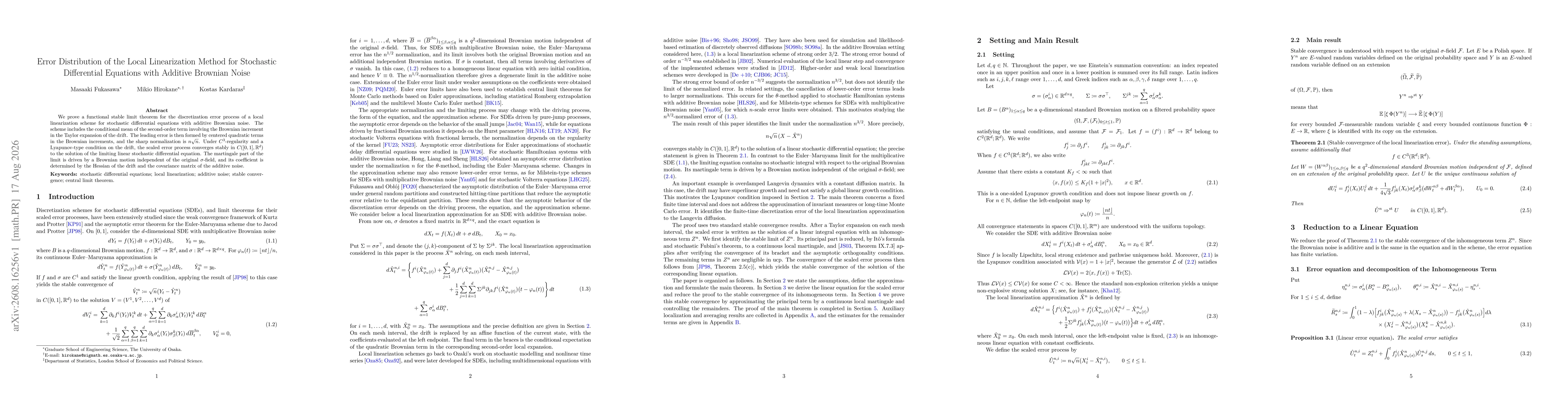 Thumbnail for Error Distribution of the Local Linearization Method for Stochastic Differential Equations with Additive Brownian Noise