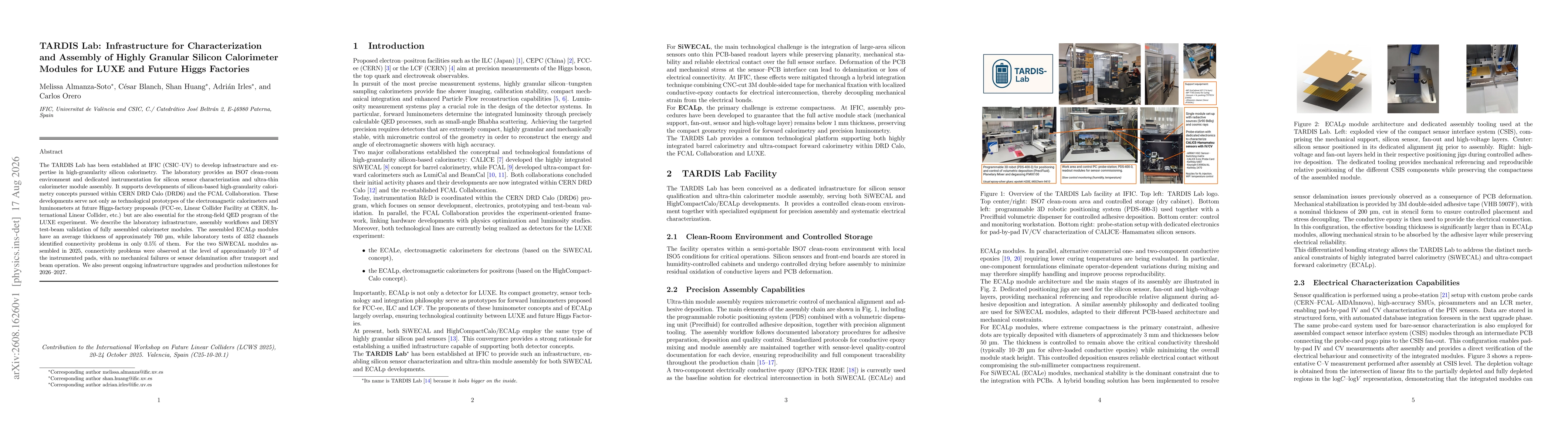 Thumbnail for TARDIS Lab: infrastructure for characterization and assembly of highly granular silicon calorimeter modules for LUXE and future Higgs Factories