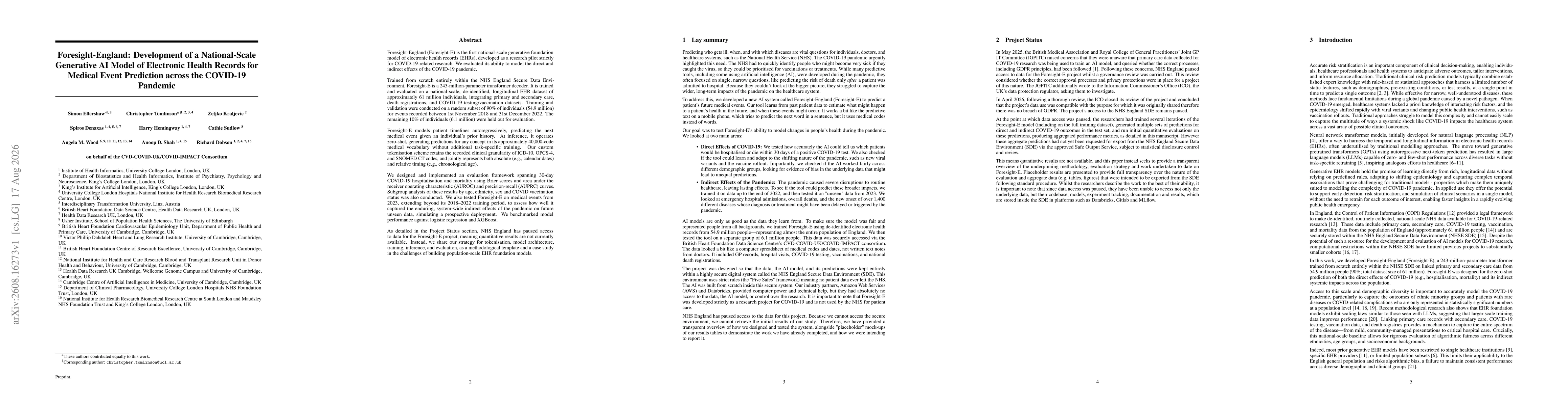 Thumbnail for Foresight-England: Development of a National-Scale Generative AI Model of Electronic Health Records for Medical Event Prediction across the COVID-19 Pandemic