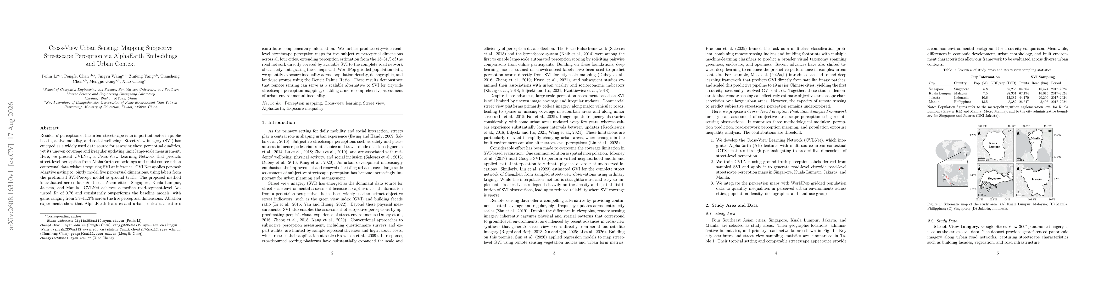 Thumbnail for Cross-View Urban Sensing: Mapping Subjective Streetscape Perception via AlphaEarth Embeddings and Urban Context