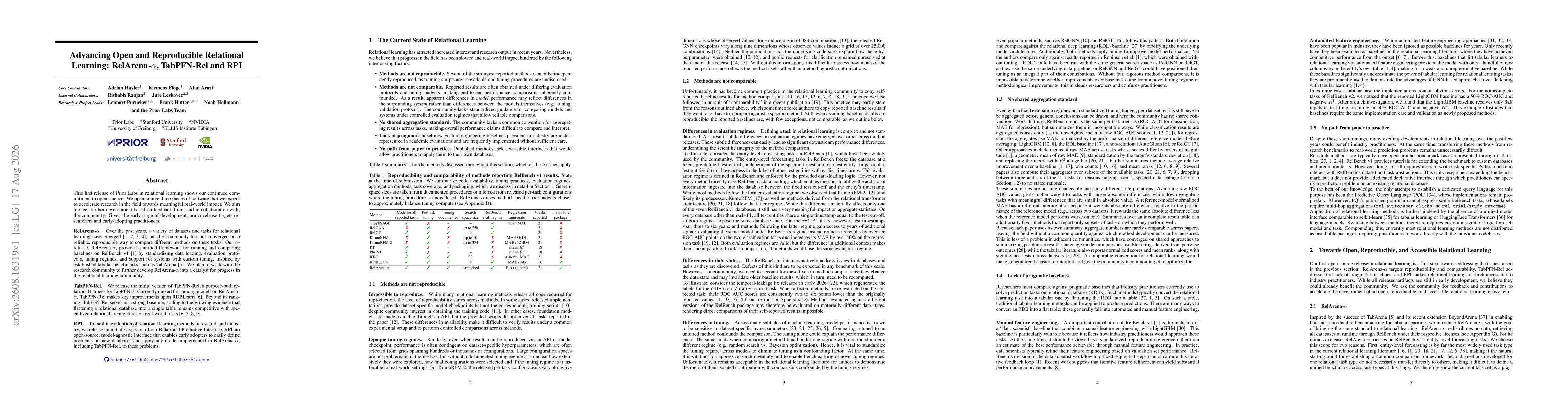 Thumbnail for Advancing Open and Reproducible Relational Learning: RelArena-$α$, TabPFN-Rel and RPI