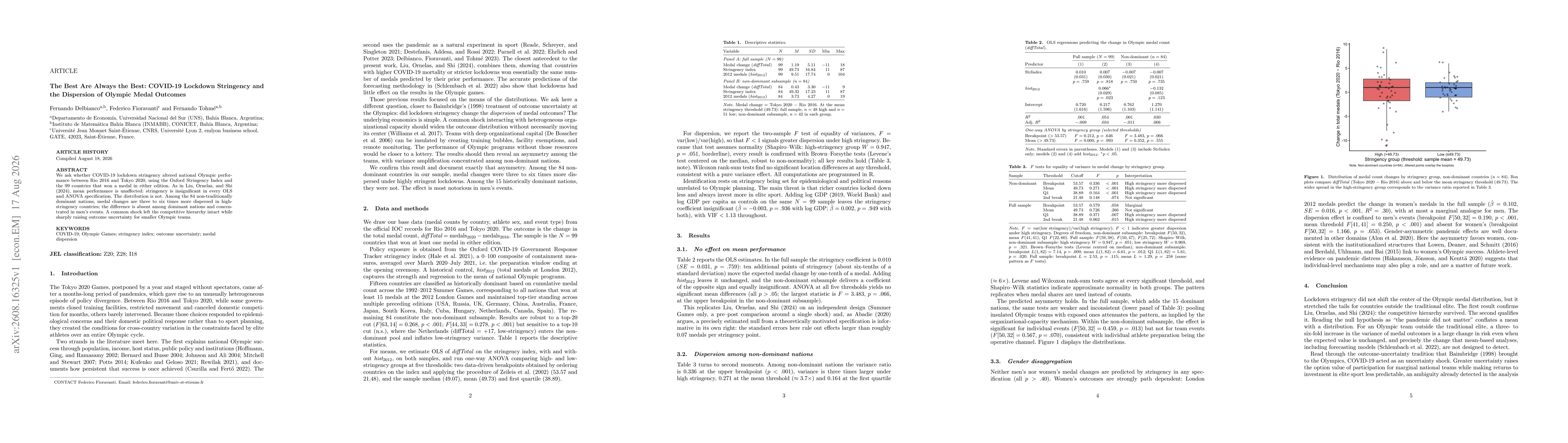 Thumbnail for The Best Are Always the Best: COVID-19 Lockdown Stringency and the Dispersion of Olympic Medal Outcomes
