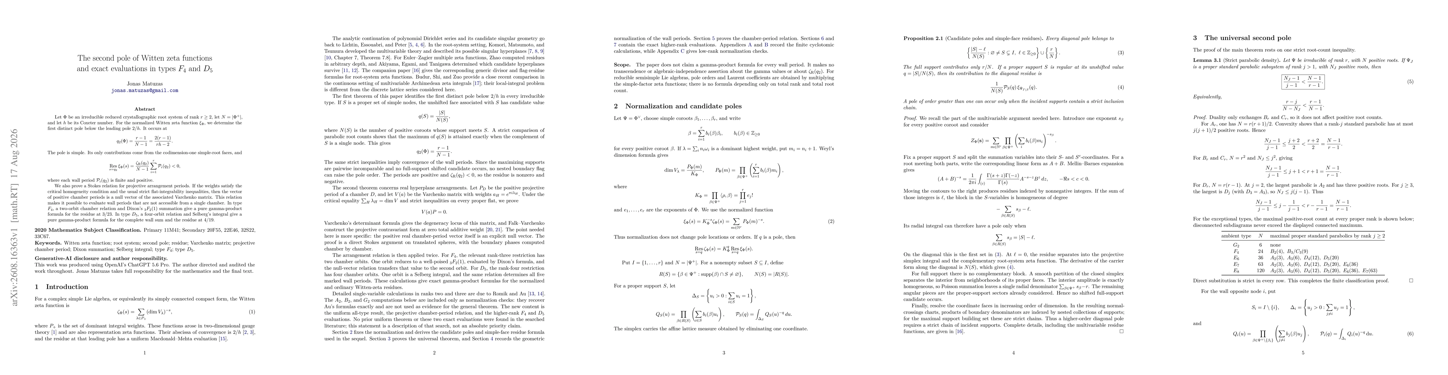 Thumbnail for The second pole of Witten zeta functions and exact evaluations in types F4 and D5