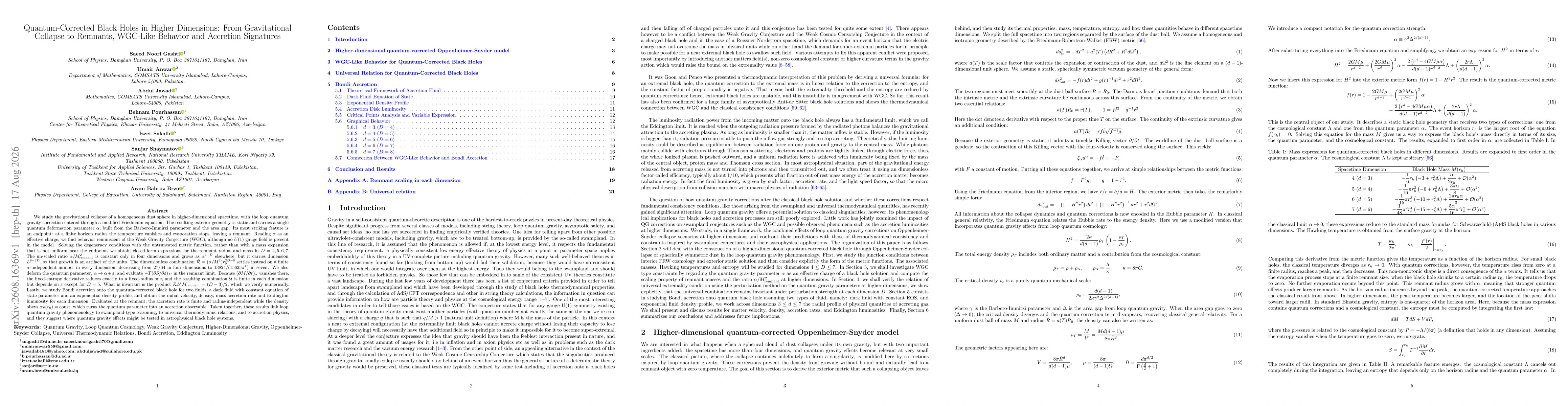Thumbnail for Quantum-Corrected Black Holes in Higher Dimensions: From Gravitational Collapse to Remnants, WGC-Like Behavior and Accretion Signatures