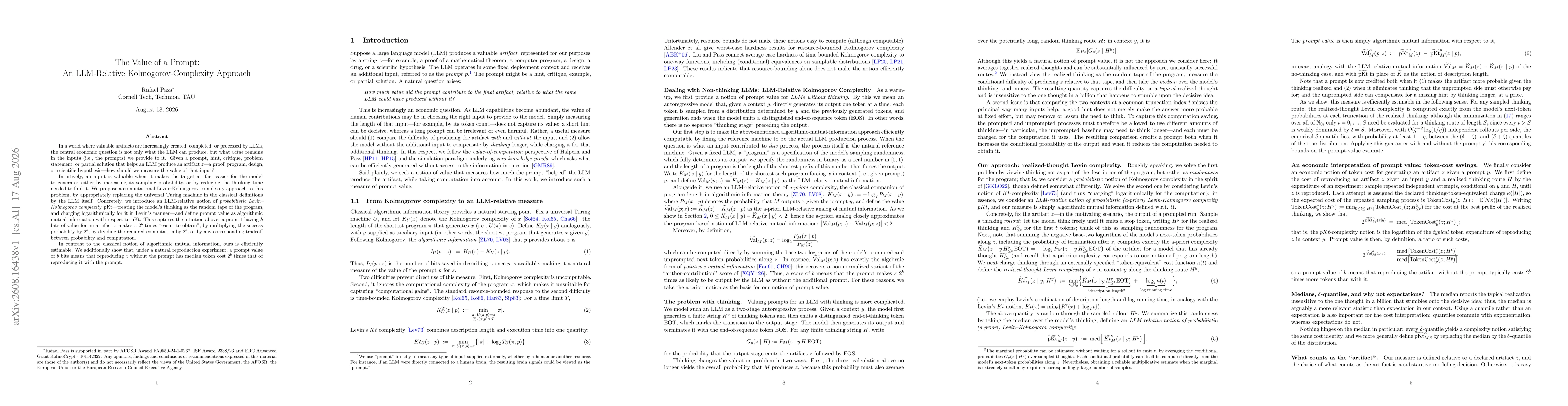 Thumbnail for The Value of a Prompt: An LLM-Relative Kolmogorov-Complexity Approach