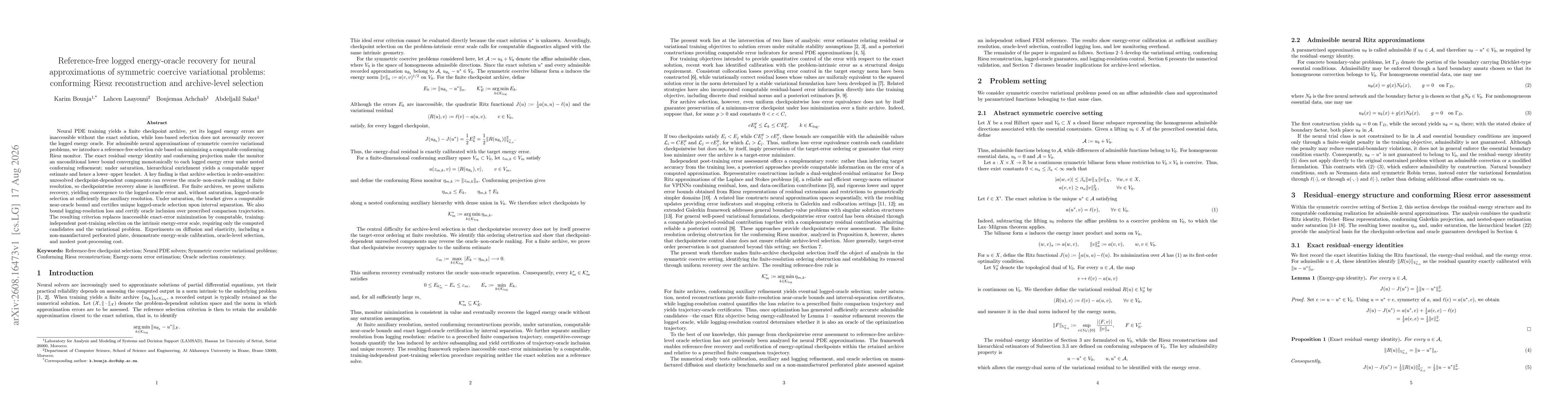 Thumbnail for Reference-free logged energy-oracle recovery for neural approximations of symmetric coercive variational problems: conforming Riesz reconstruction and archive-level selection