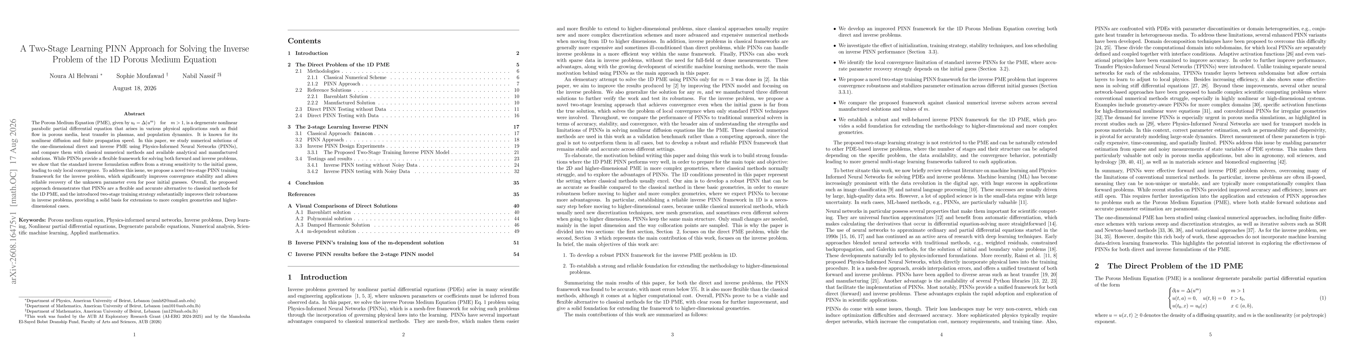 Thumbnail for A Two-Stage Learning PINN Approach for Solving the Inverse Problem of the 1D Porous Medium Equation