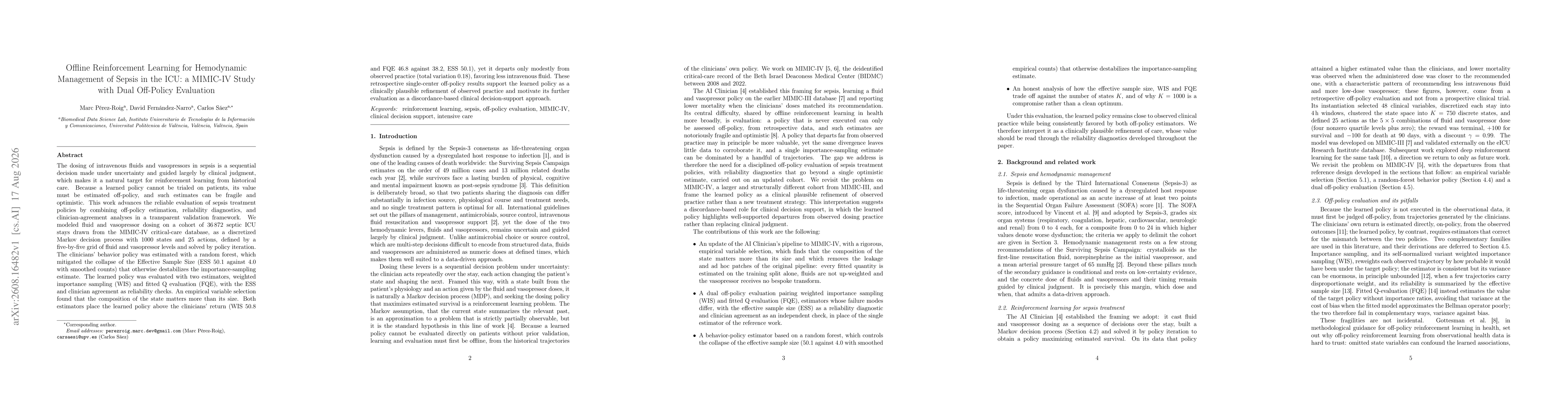Thumbnail for Offline Reinforcement Learning for Hemodynamic Management of Sepsis in the ICU: a MIMIC-IV Study with Dual Off-Policy Evaluation
