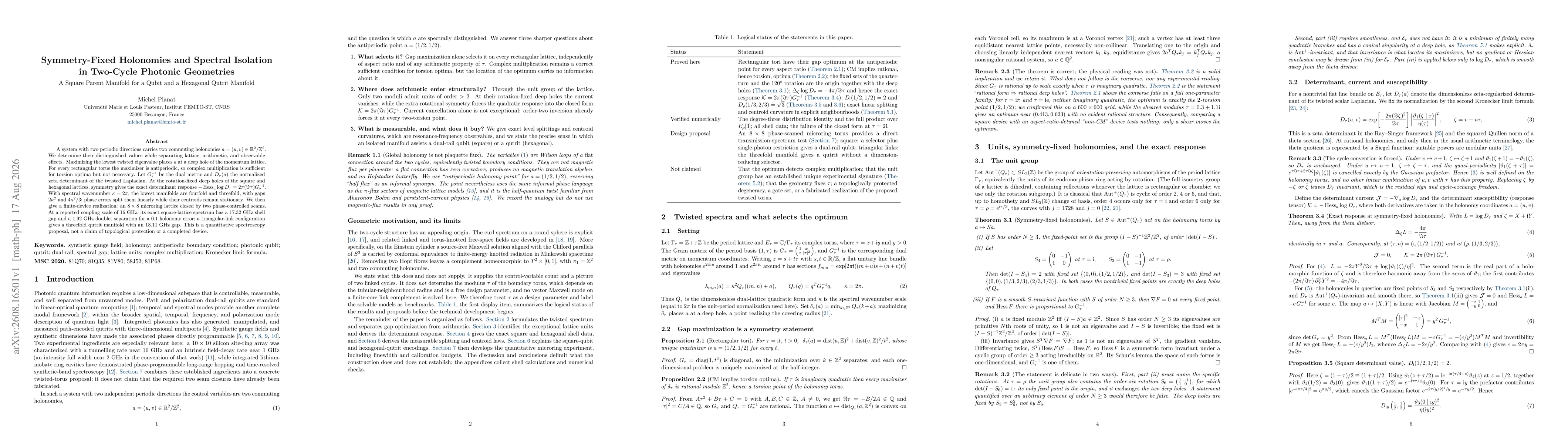 Thumbnail for Symmetry-Fixed Holonomies and Spectral Isolation in Two-Cycle Photonic Geometries A Square Parent Manifold for a Qubit and a Hexagonal Qutrit Manifold