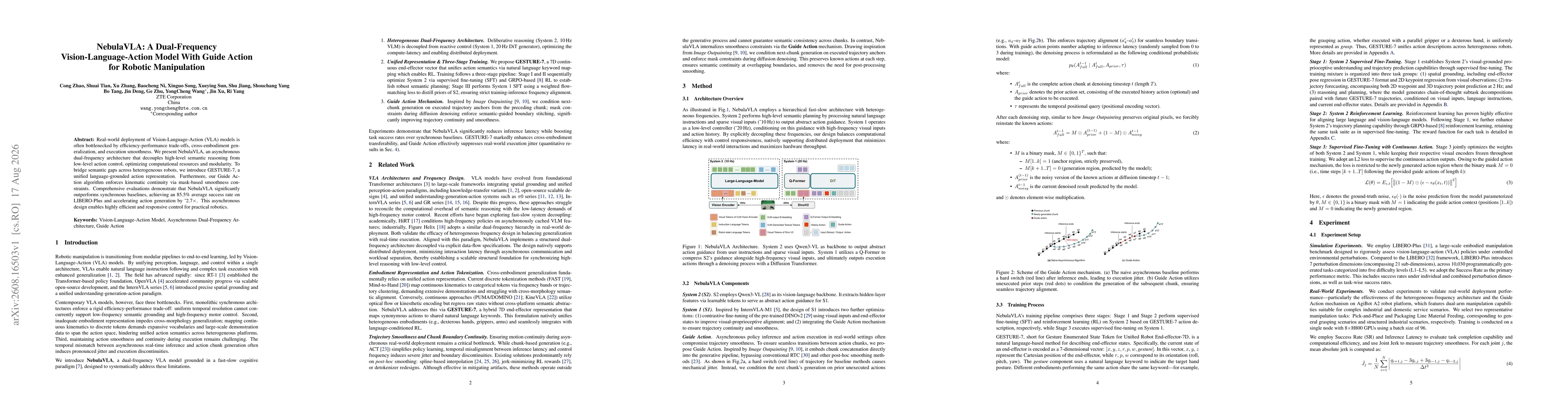 Thumbnail for NebulaVLA: A Dual-Frequency Vision-Language-Action Model With Guide Action for Robotic Manipulation