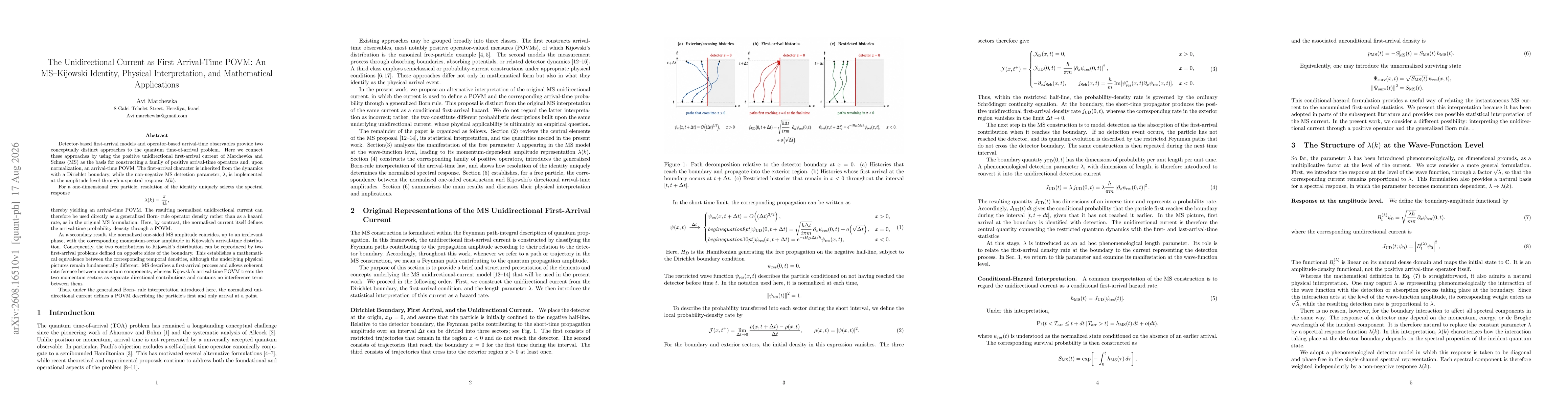 Thumbnail for The Unidirectional Current as First Arrival-Time POVM: An MS-Kijowski Identity, Physical Interpretation, and Mathematical Applications