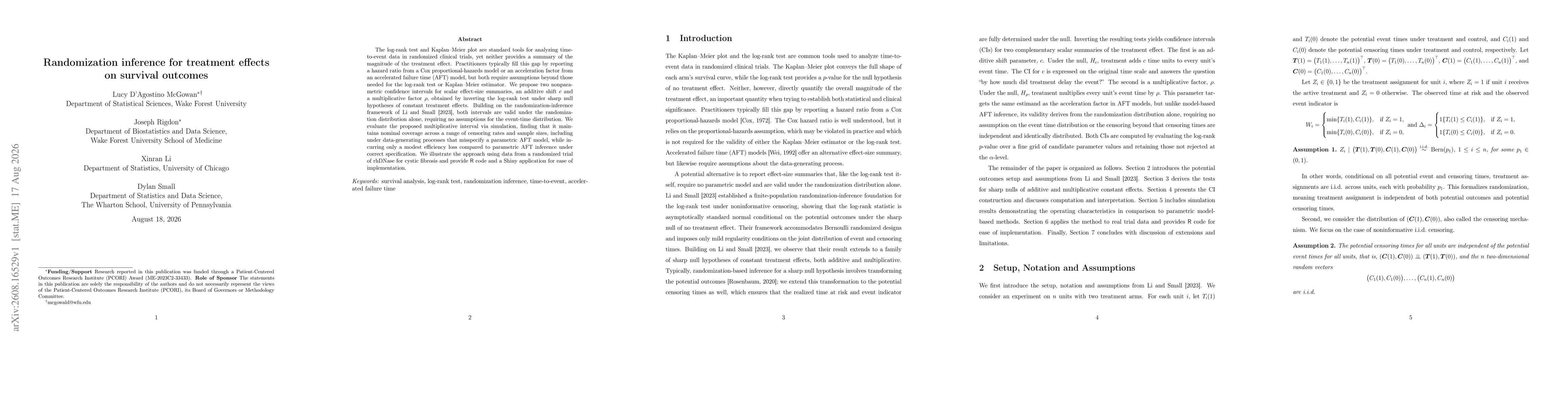 Thumbnail for Randomization inference for treatment effects on survival outcomes