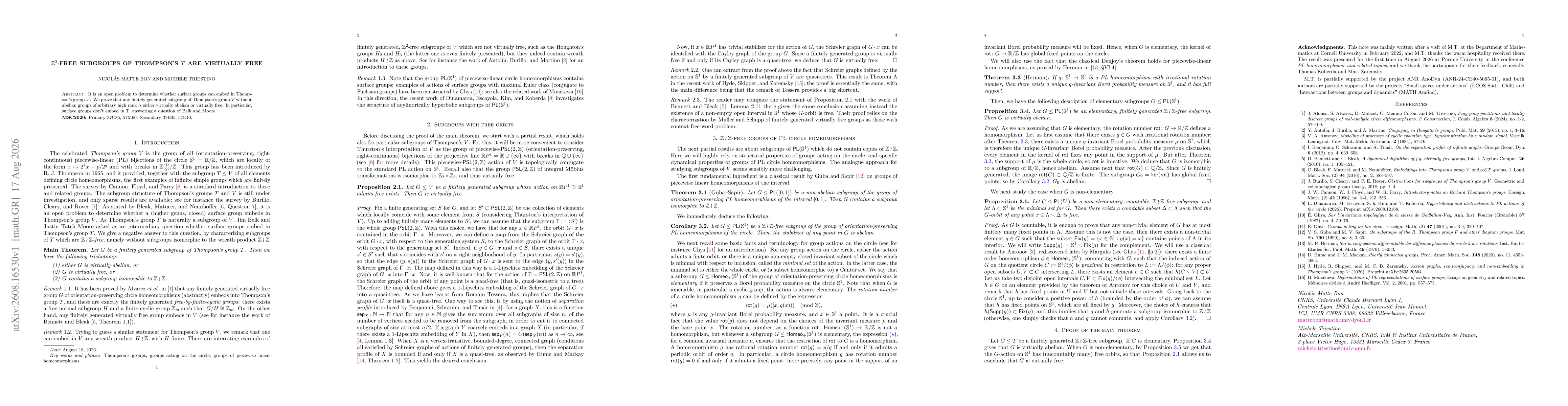 Thumbnail for $\mathbb{Z}^2$-free subgroups of Thompson's $T$ are virtually free