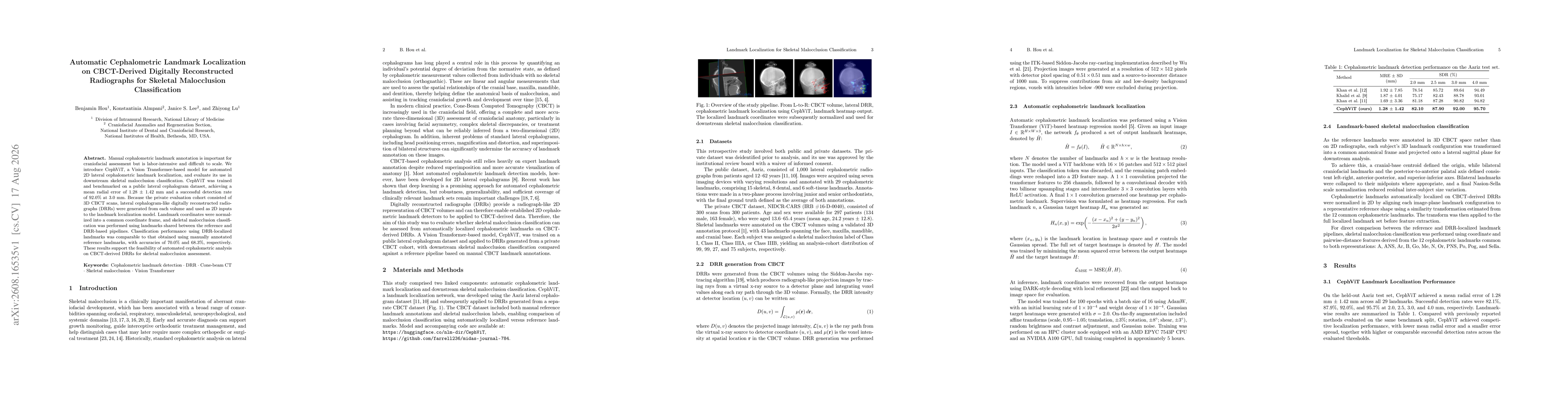 Thumbnail for Automatic Cephalometric Landmark Localization on CBCT-Derived Digitally Reconstructed Radiographs for Skeletal Malocclusion Classification
