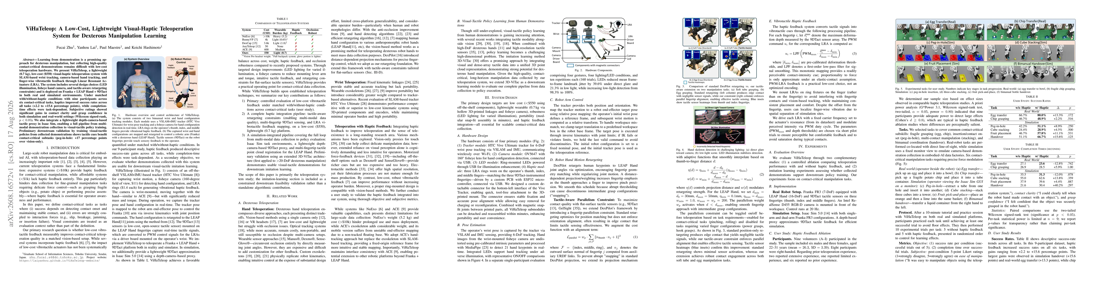 Thumbnail for ViHaTeleop: A Low-Cost, Lightweight Visual-Haptic Teleoperation System for Dexterous Manipulation Learning