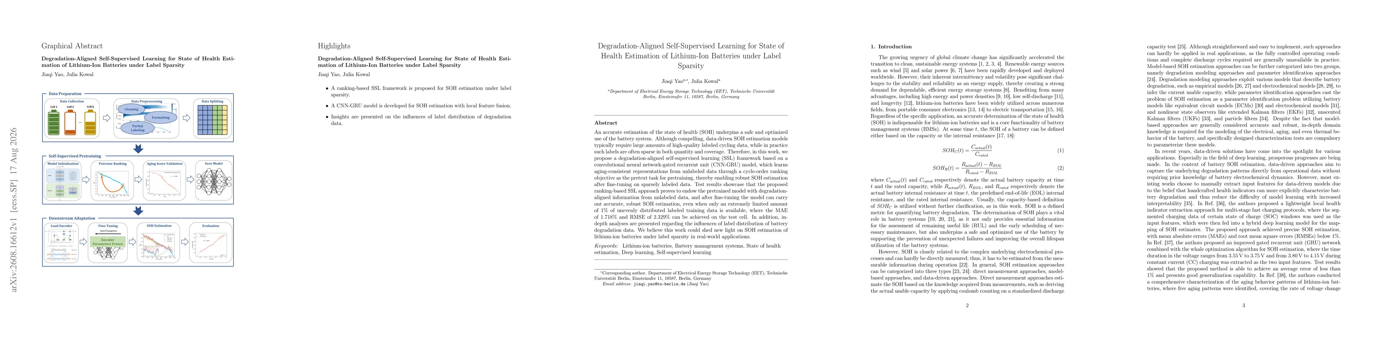 Thumbnail for Degradation-Aligned Self-Supervised Learning for State of Health Estimation of Lithium-Ion Batteries under Label Sparsity