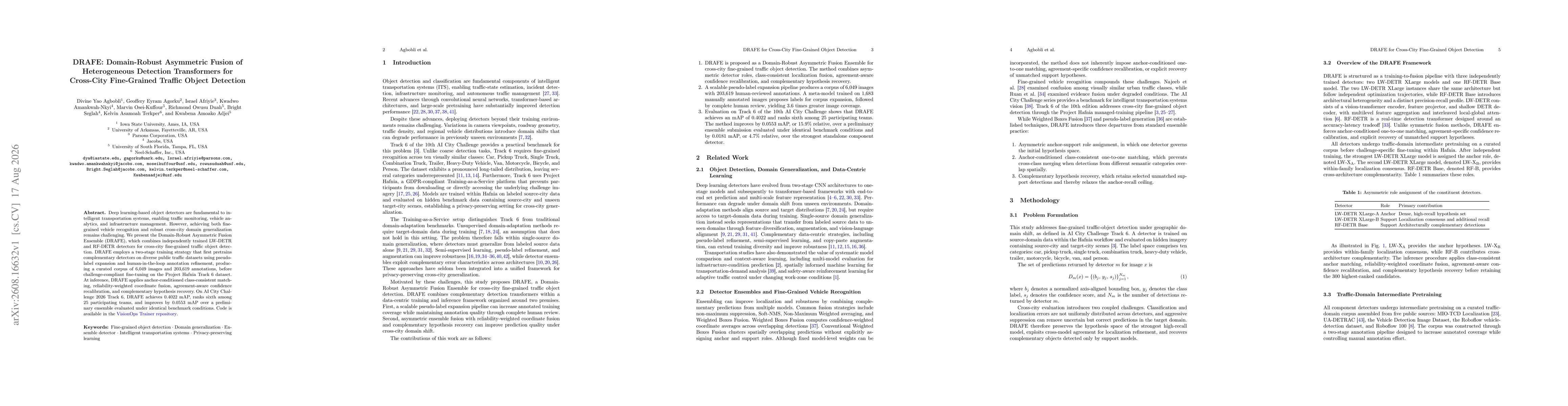 Thumbnail for DRAFE: Domain-Robust Asymmetric Fusion of Heterogeneous Detection Transformers for Cross-City Fine-Grained Traffic Object Detection