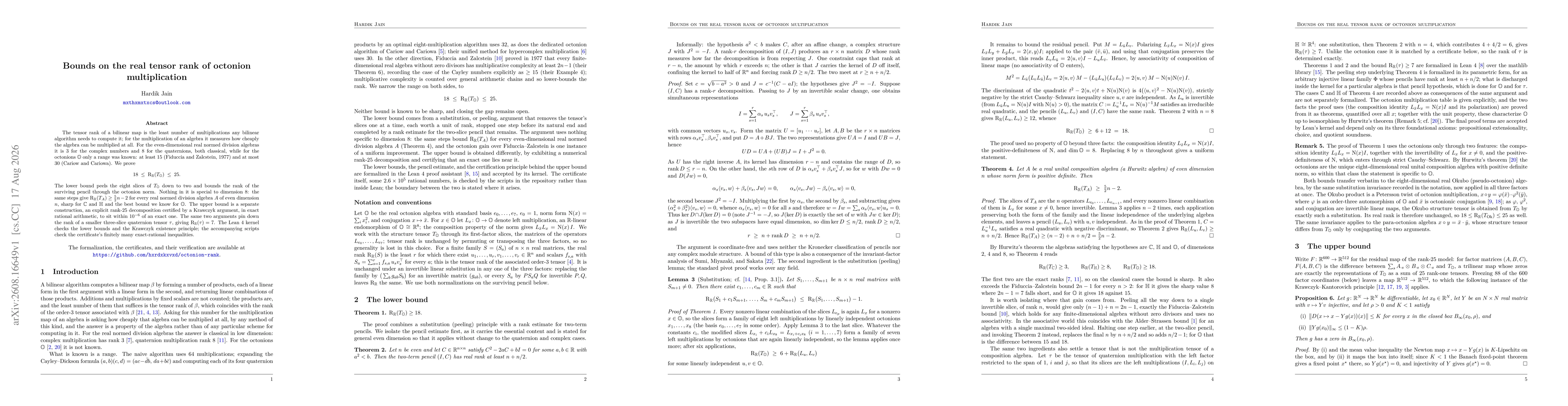 Thumbnail for Bounds on the real tensor rank of octonion multiplication