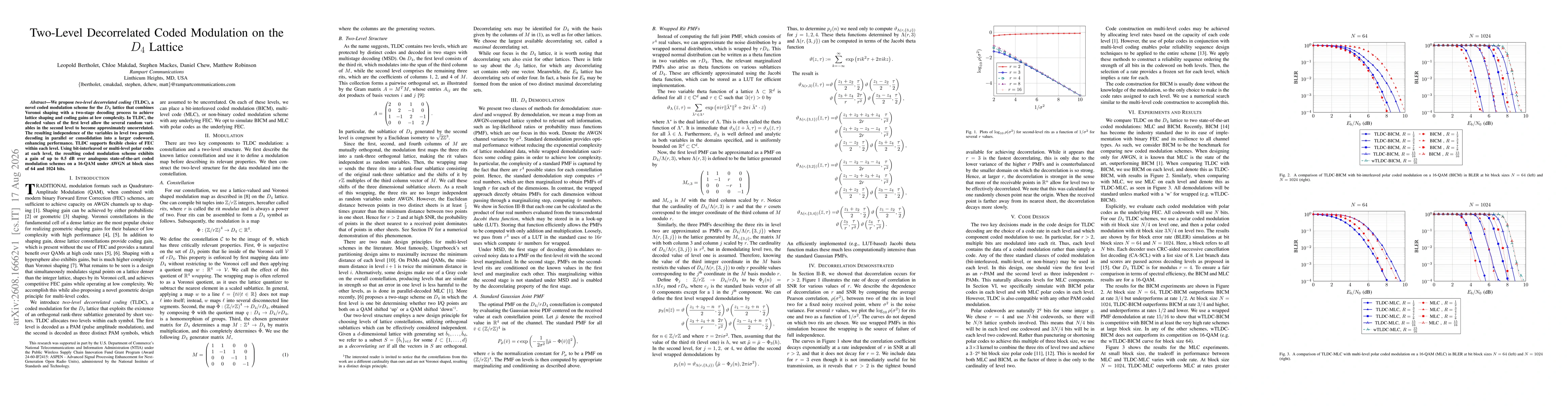 Thumbnail for Two-Level Decorrelated Coded Modulation on the $D_4$ Lattice