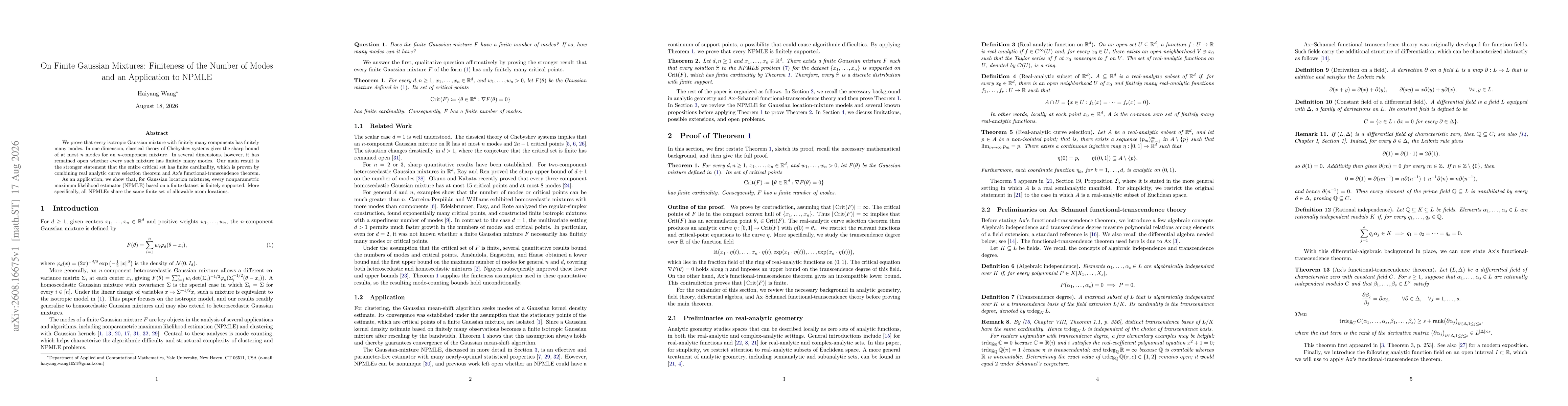 Thumbnail for On Finite Gaussian Mixtures: Finiteness of the Number of Modes and an Application to NPMLE