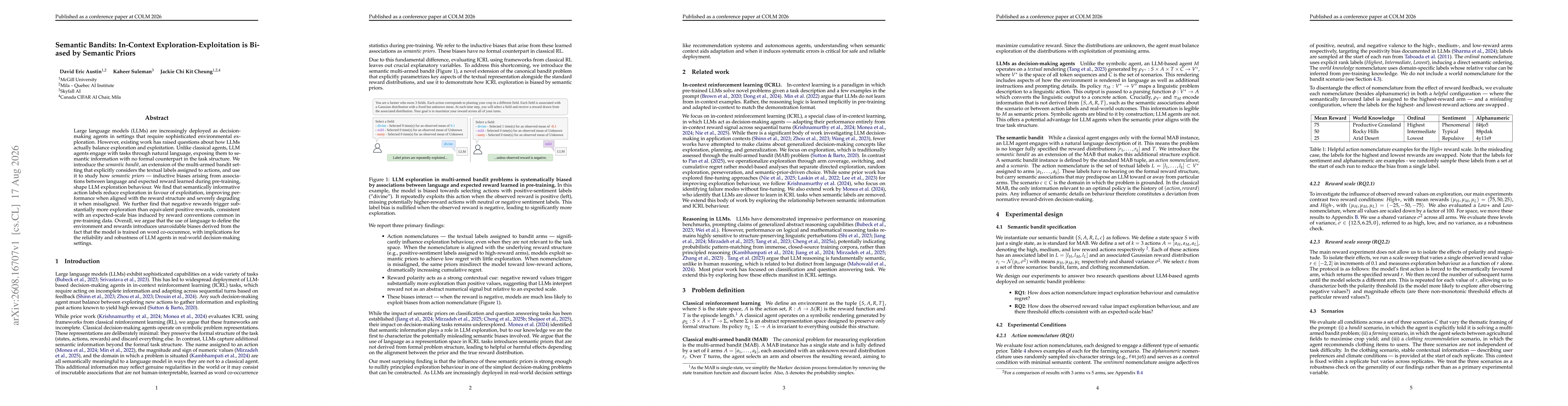 Thumbnail for Semantic Bandits: In-Context Exploration-Exploitation is Biased by Semantic Priors