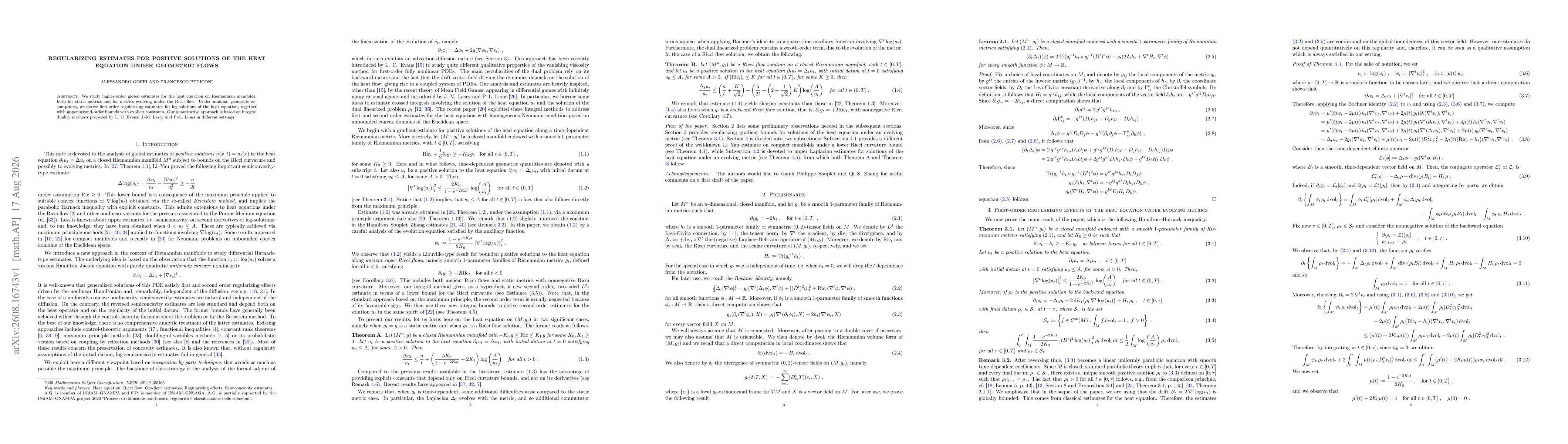 Thumbnail for Regularizing estimates for positive solutions of the heat equation under geometric flows