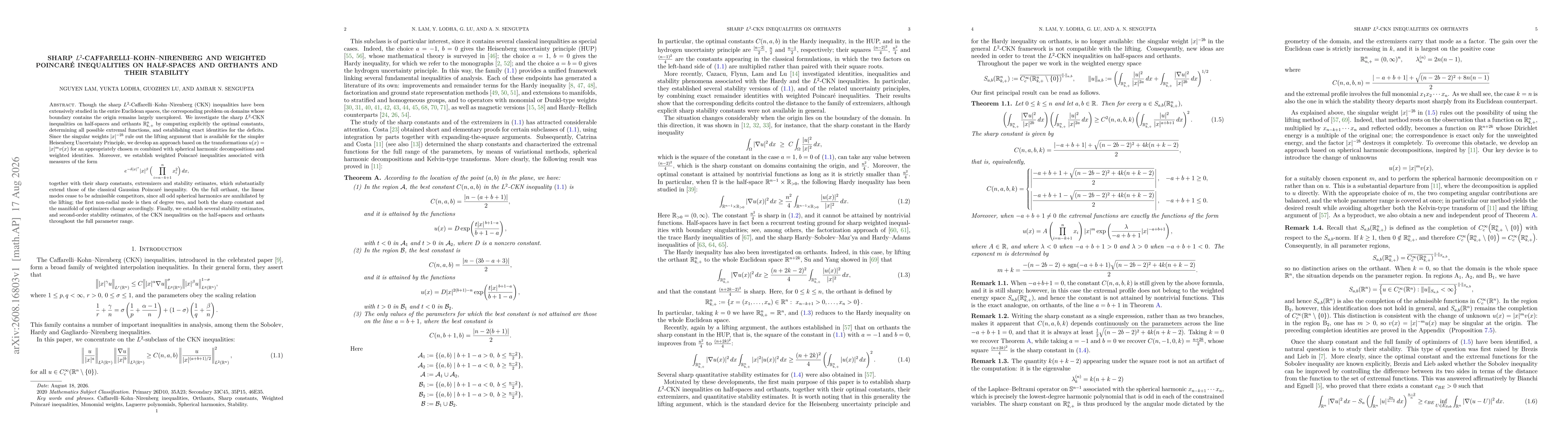 Thumbnail for Sharp $L^2$-Caffarelli--Kohn--Nirenberg and weighted Poincaré inequalities on half-spaces and orthants and their stability