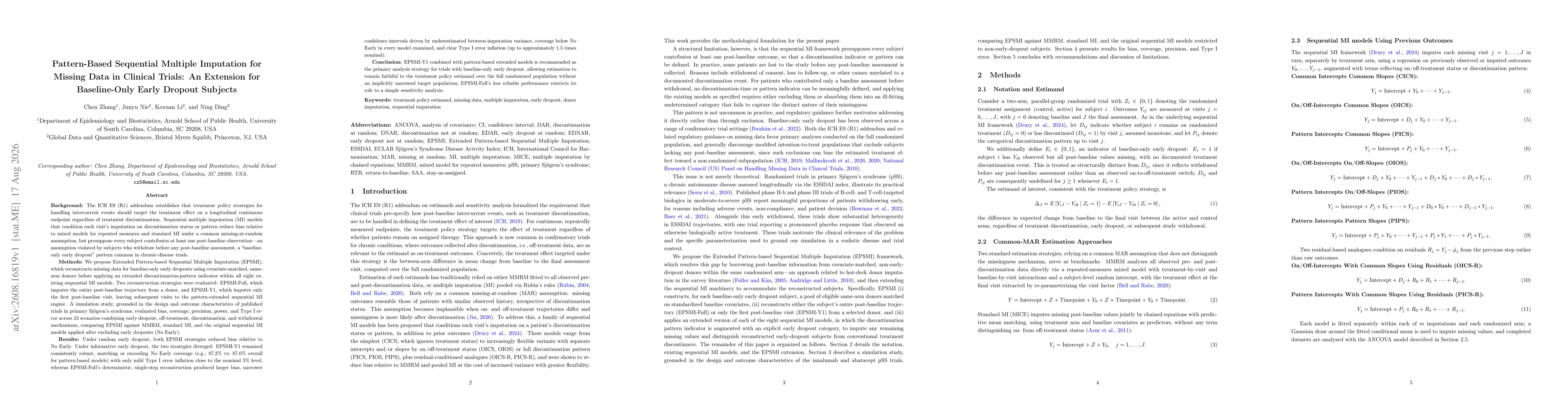 Thumbnail for Pattern-Based Sequential Multiple Imputation for Missing Data in Clinical Trials: An Extension for Baseline-Only Early Dropout Subjects