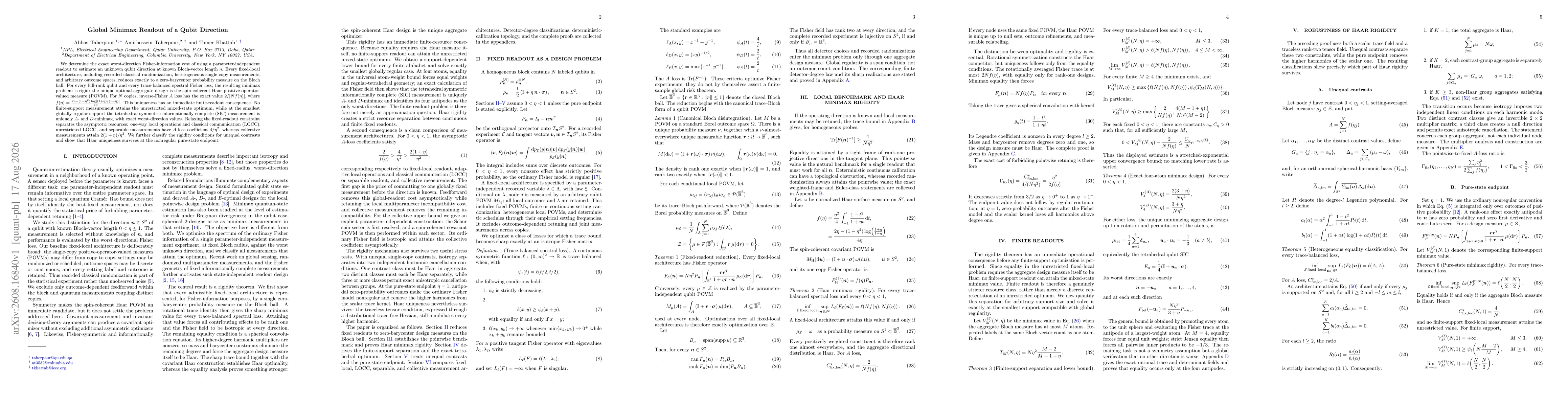 Thumbnail for Global Minimax Readout of a Qubit Direction