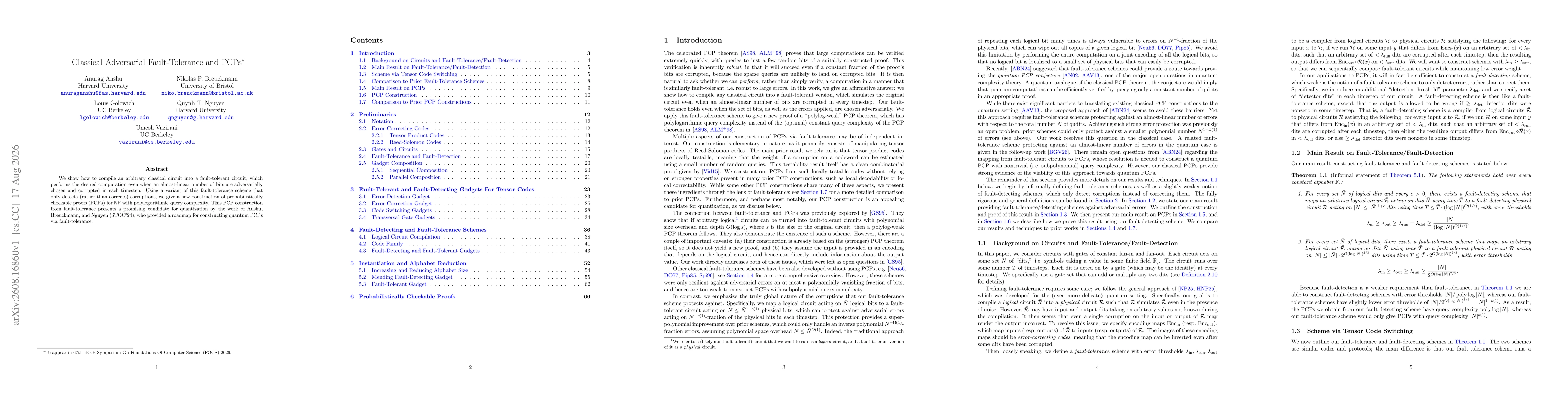 Thumbnail for Classical Adversarial Fault-Tolerance and PCPs