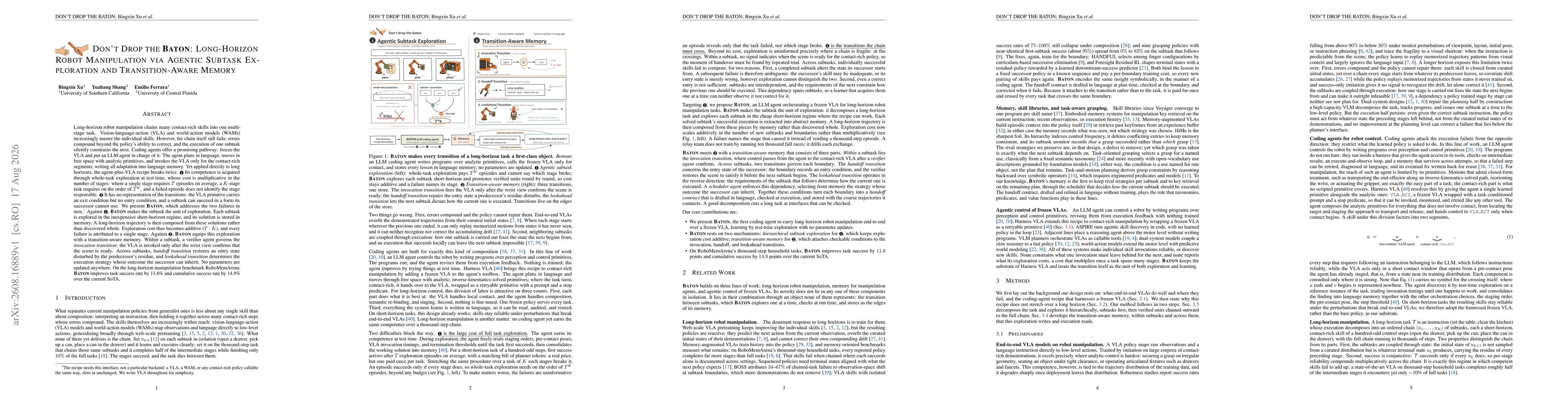 Thumbnail for Don't Drop the BATON: Long-Horizon Robot Manipulation via Agentic Subtask Exploration and Transition-aware Memory