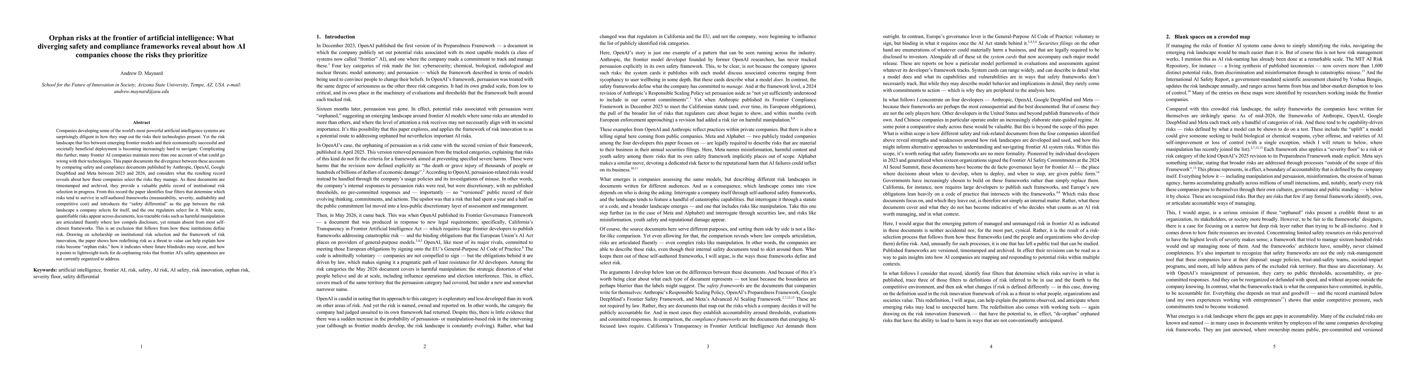 Thumbnail for Orphan risks at the frontier of artificial intelligence: What diverging safety and compliance frameworks reveal about how AI companies choose the risks they prioritize