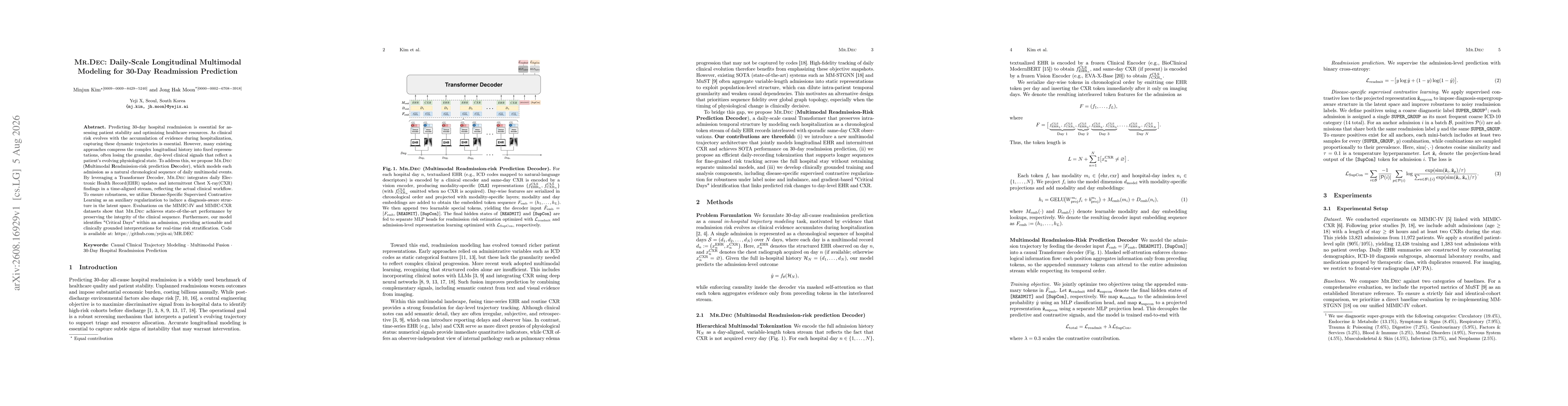 Thumbnail for Mr.Dec: Daily-Scale Longitudinal Multimodal Modeling for 30-Day Readmission Prediction