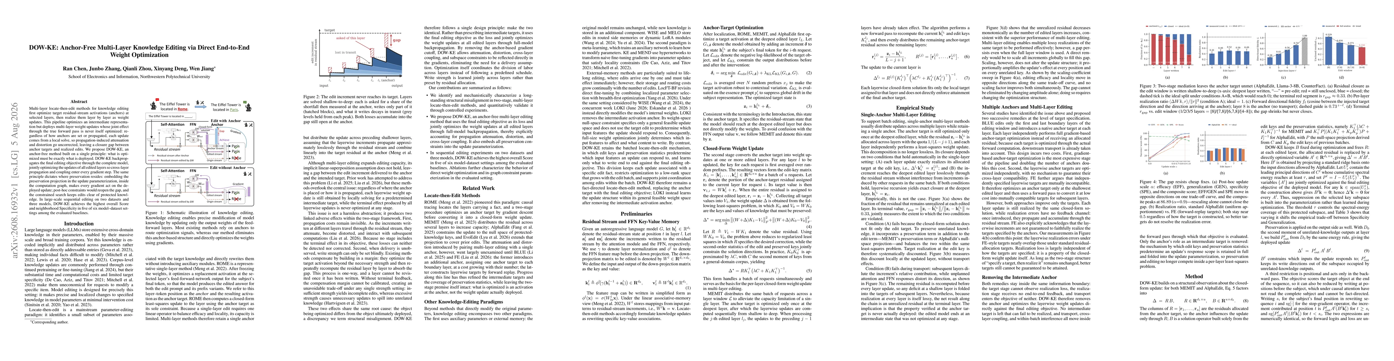 Thumbnail for DOW-KE: Anchor-Free Multi-Layer Knowledge Editing via Direct End-to-End Weight Optimization