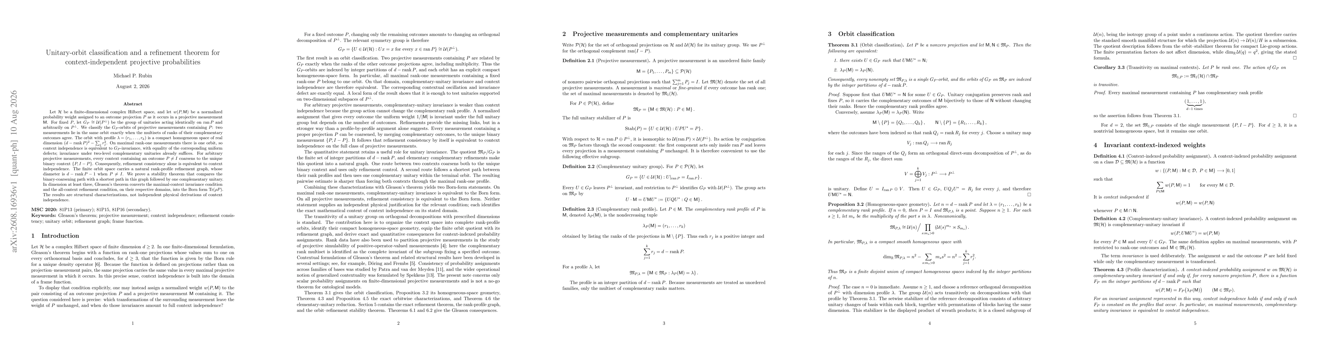 Thumbnail for Unitary-orbit classification and a refinement theorem for context-independent projective probabilities