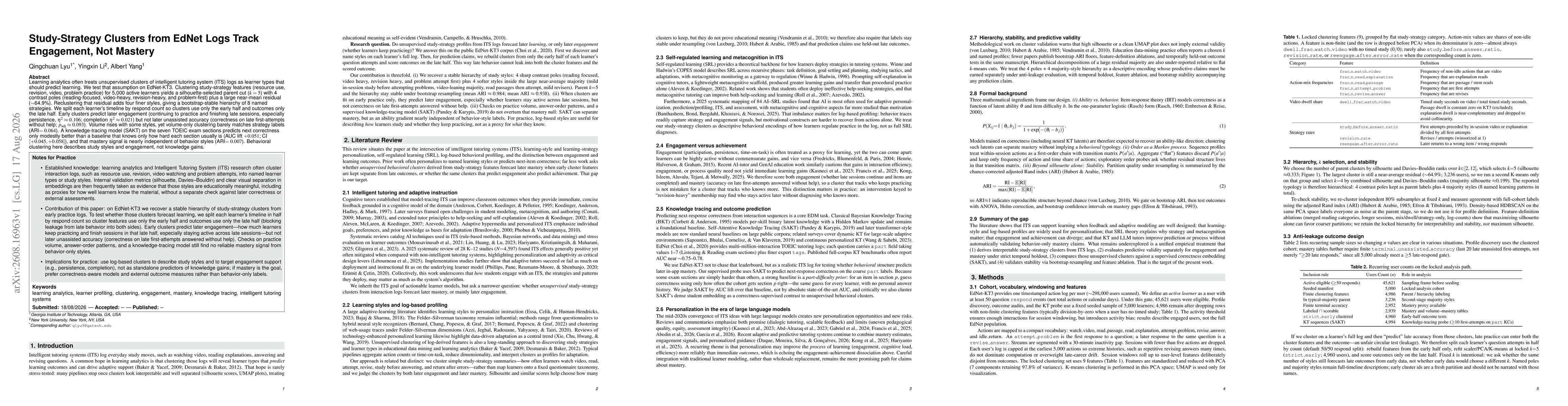 Thumbnail for Study-Strategy Clusters from EdNet Logs Track Engagement, Not Mastery