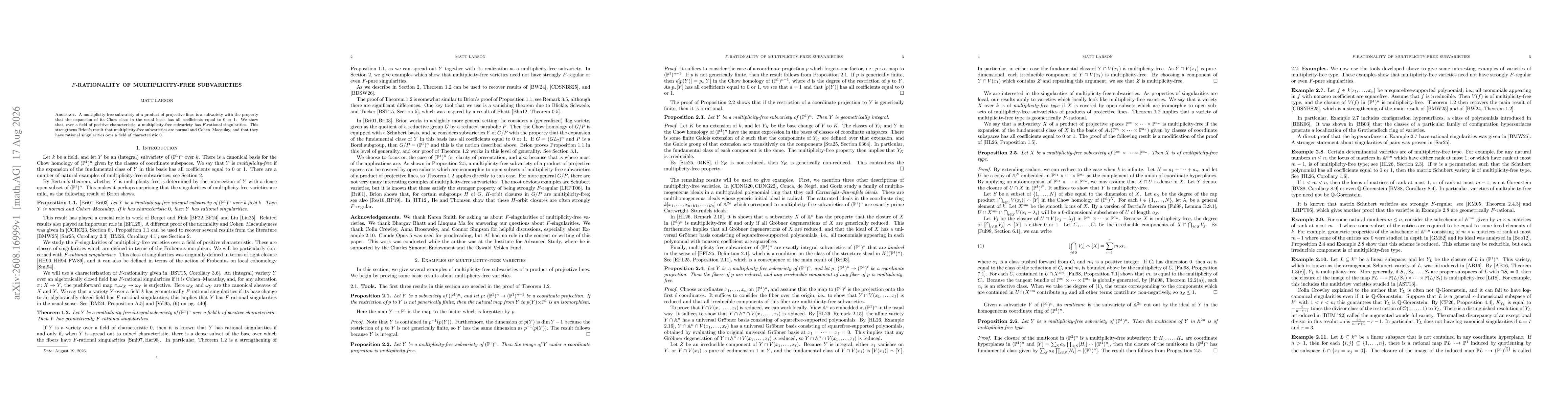 Thumbnail for F-rationality of multiplicity-free subvarieties