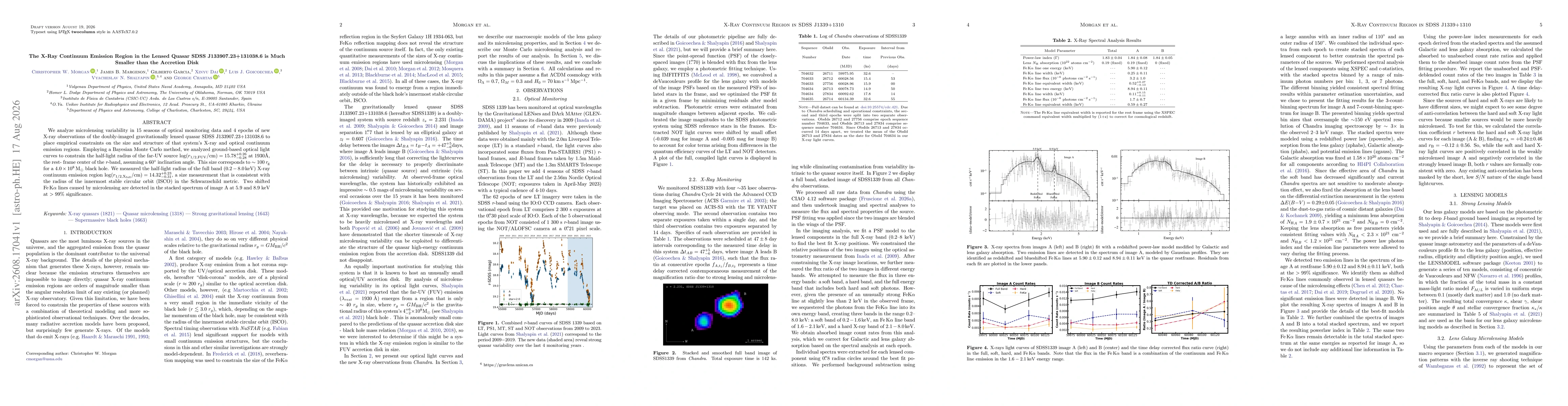 Thumbnail for The X-Ray Continuum Emission Region in the Lensed Quasar SDSS J133907.23+131038.6 is Much Smaller than the Accretion Disk
