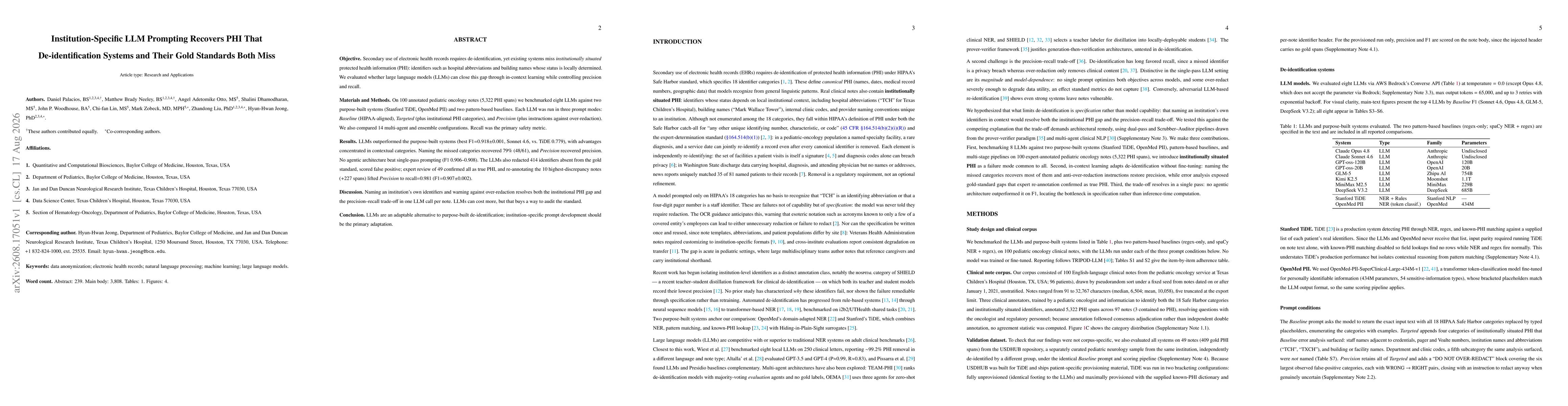 Thumbnail for Institution-Specific LLM Prompting Recovers PHI That De-identification Systems and Their Gold Standards Both Miss