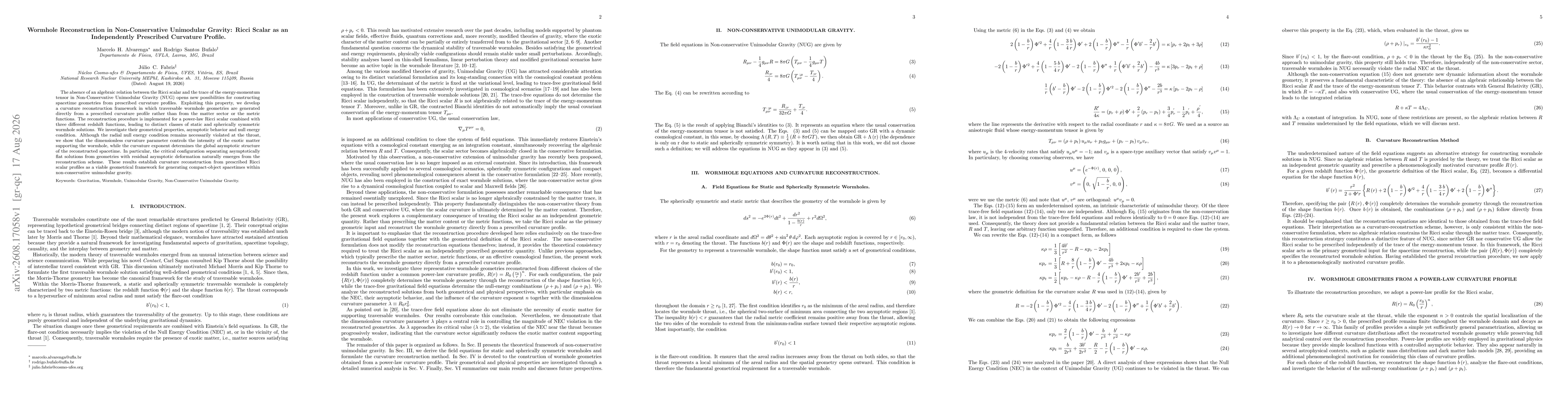 Thumbnail for Wormhole Reconstruction in Non-Conservative Unimodular Gravity: Ricci Scalar as an Independently Prescribed Curvature Profile