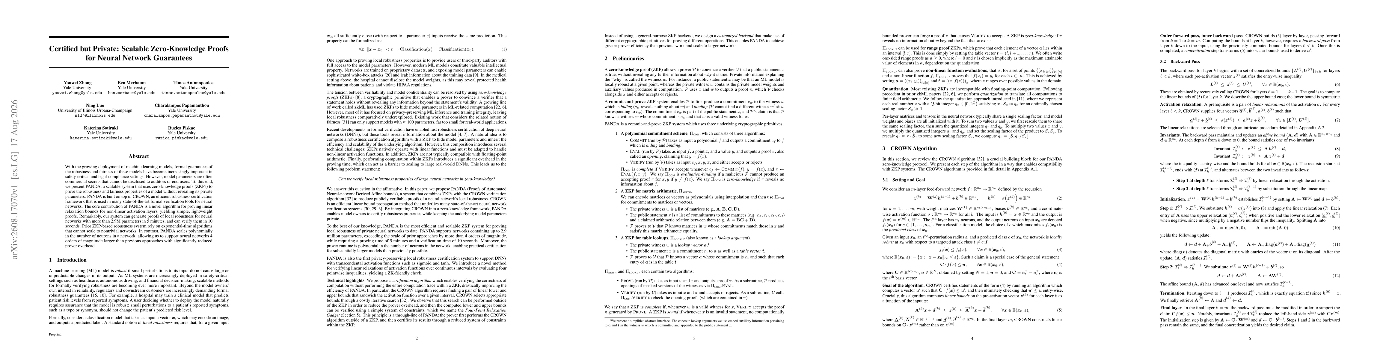 Thumbnail for Certified but Private: Scalable Zero-Knowledge Proofs for Neural Network Guarantees