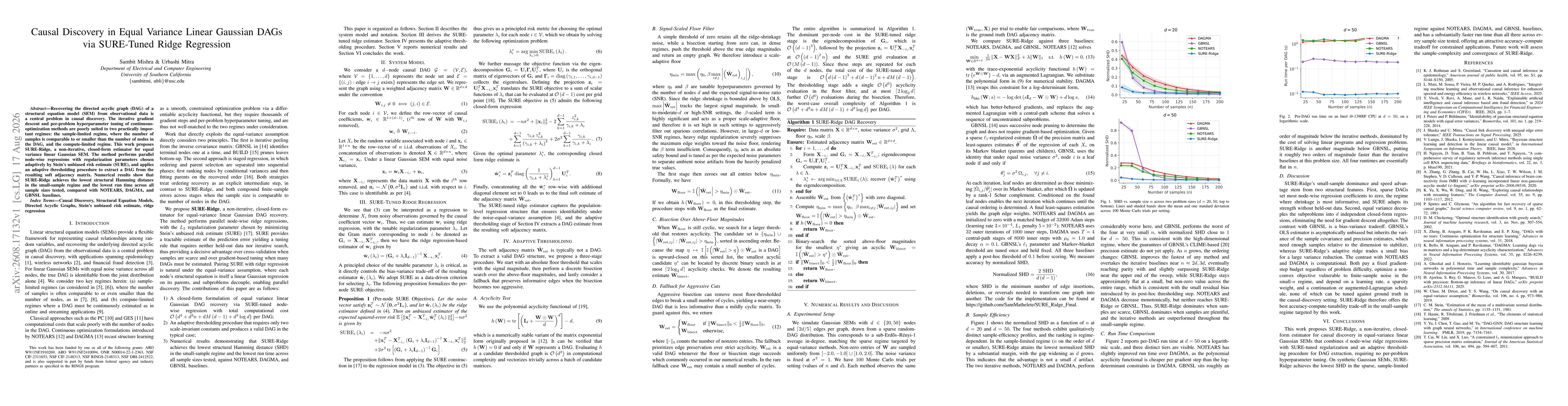 Thumbnail for Causal Discovery in Equal Variance Linear Gaussian DAGs via SURE-Tuned Ridge Regression