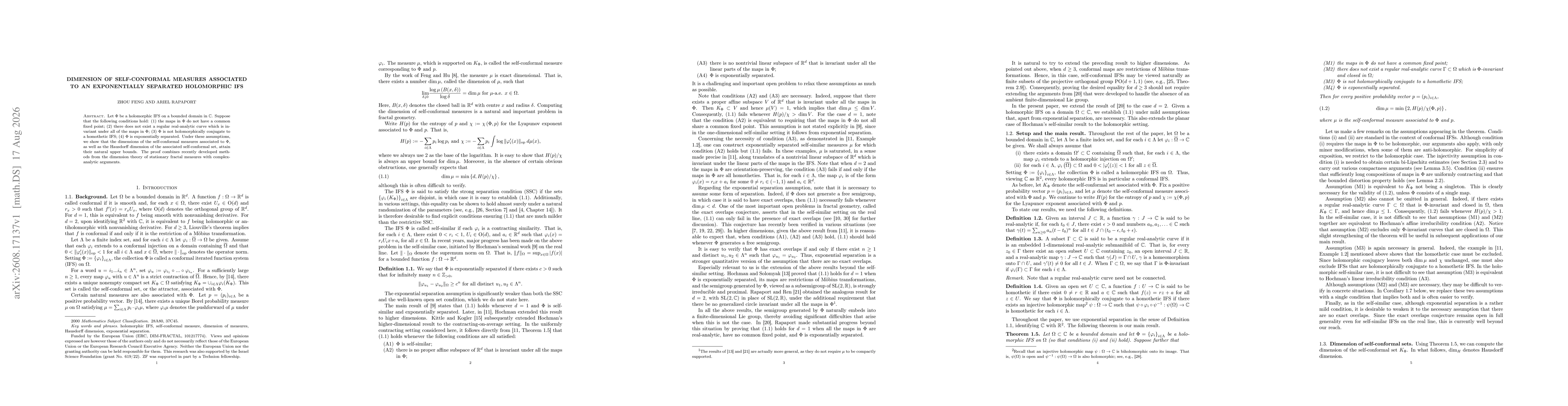 Thumbnail for Dimension of self-conformal measures associated to an exponentially separated holomorphic IFS