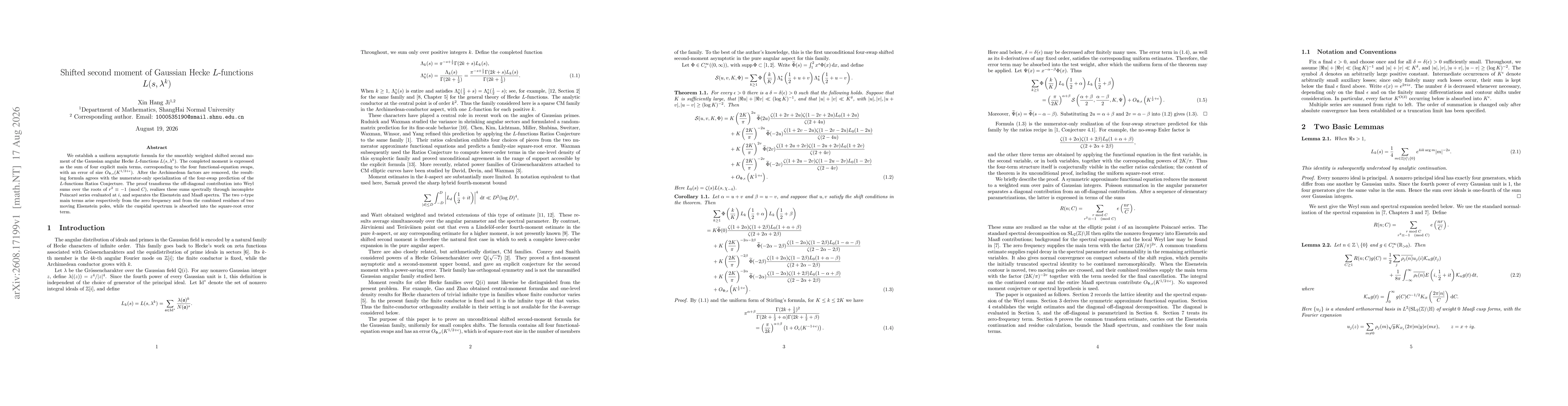 Thumbnail for Shifted second moment of Gaussian Hecke $L$-functions $L(s,λ^k)$
