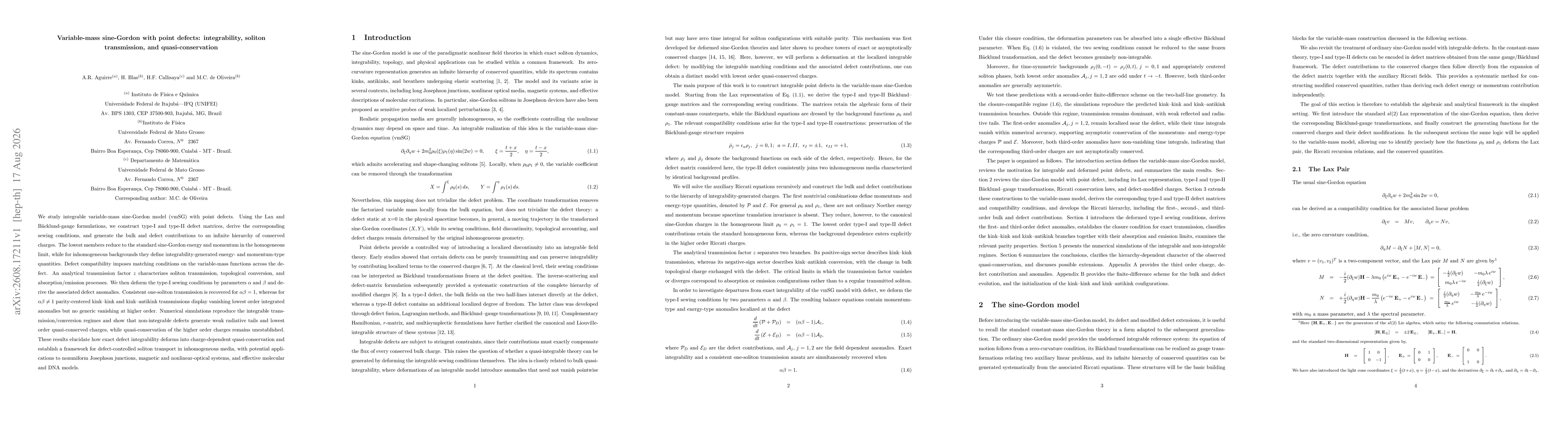 Thumbnail for Variable-mass sine-Gordon with point defects: integrability, soliton transmission, and quasi-conservation