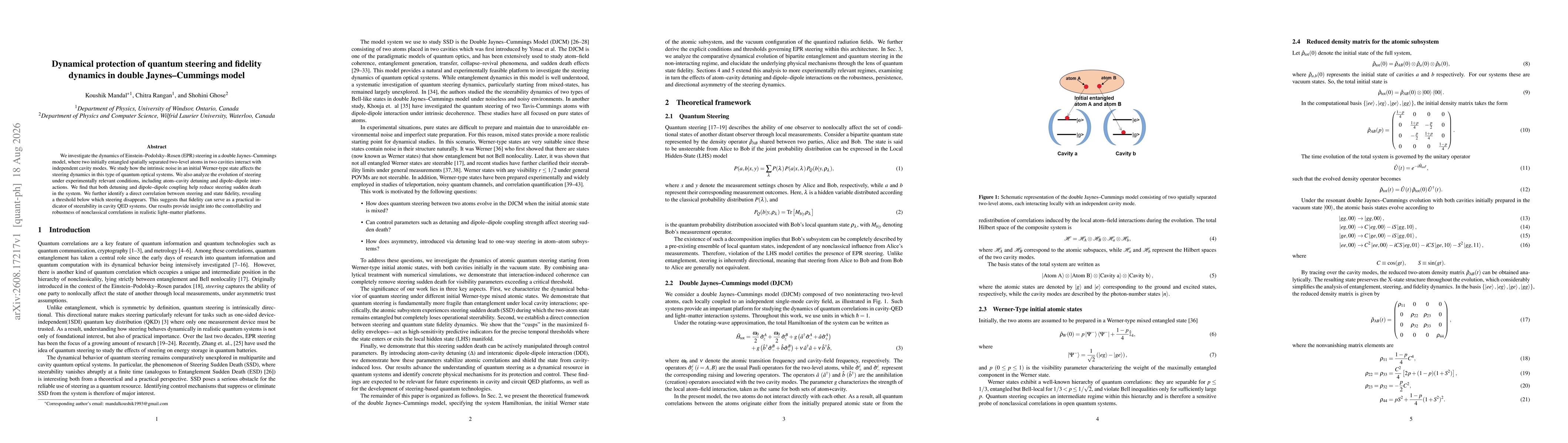 Thumbnail for Dynamical protection of quantum steering and fidelity dynamics in double Jaynes-Cummings model